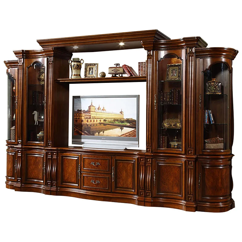 French Royal Solid Wood Top Quality TV Cabinet Stand With Showcase Luxury Living Room Furniture For Villa