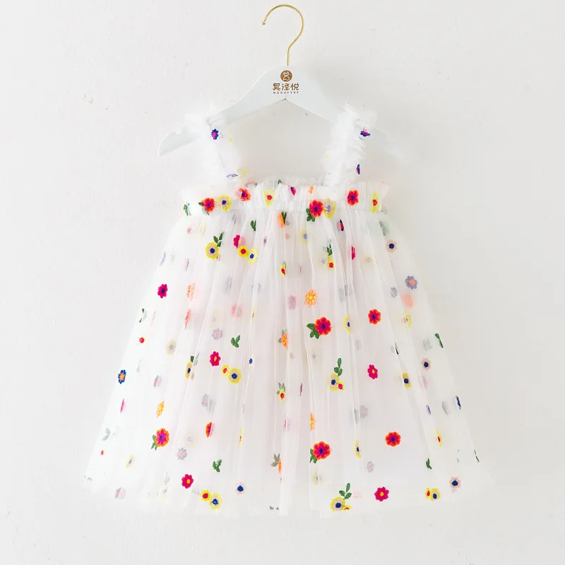 2022 Lovely Baby Toddler Girls Princess Tulle Mesh Sundress Daisy Fruit Embroidery Sleeveless Girls Kids Maxi Dress