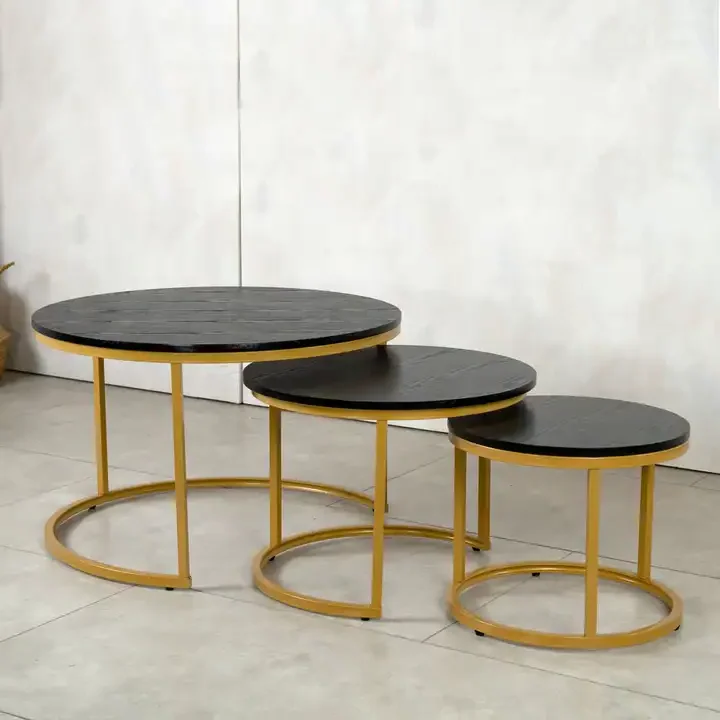 Contemporary Living Room Glass Top Nesting Coffee Table Set 3 Pieces Metal Legs Drum Black Round Nesting Coffee Table