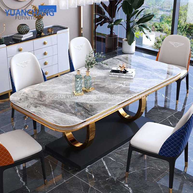 YuanChang dining room furniture black marble dining table modern luxury golden stainless steel dining table for 6 chair
