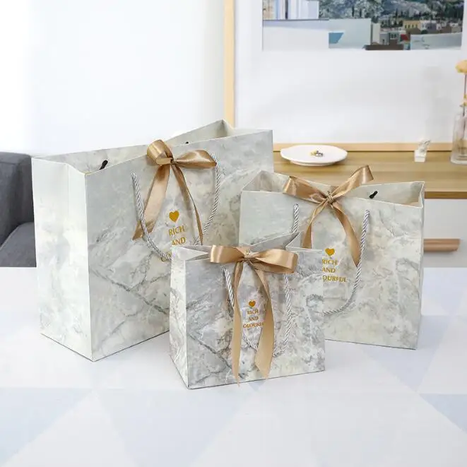 wholesale boutique cheap present paper bag luxury wedding marble gift bags with ribbon