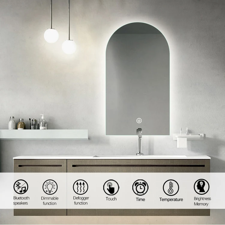 Bathroom Wall Mounted Arch Smart Led Mirror Frameless Backlit Bath Mirrors