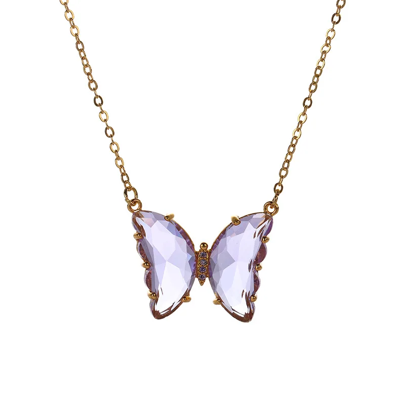 
Crystal Colorful Butterfly Pendant Necklaces Women Simple Style Glass Chain Choker Necklaces 