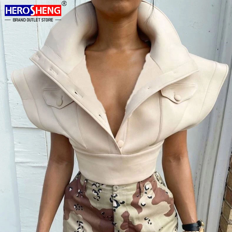 2021 Fall New Style Winter Stand-up Collar Jacket Air Layer Flying Sleeve Short Coats For Woman Fashion Coat