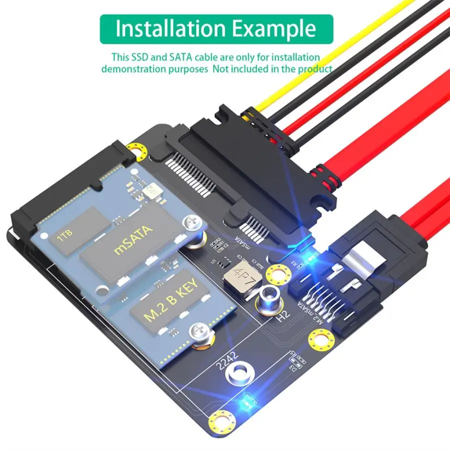 2-in-1 MSATA-M.2 SSD to Dual Port SATA3 Adapter Supports M.2 2230/2242 SSD with SATA Cable