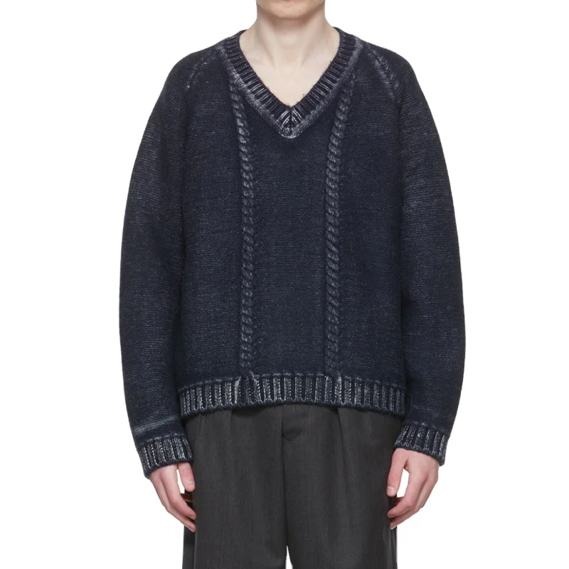 Factory custom Winter Long Sleeve Men Pullover Cable Color Blocking Knit  V Neck sweater unisex