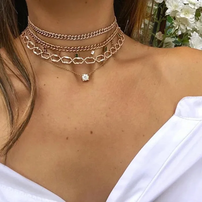 White gold plated gemstone diamond baguette drop womens cuban choker necklace