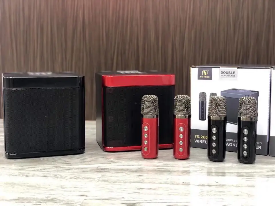 Оптовая продажа сабвуфер динамик с двойными микрофонами для домашней вечеринки портативный беспроводной караоке-динамик YS203