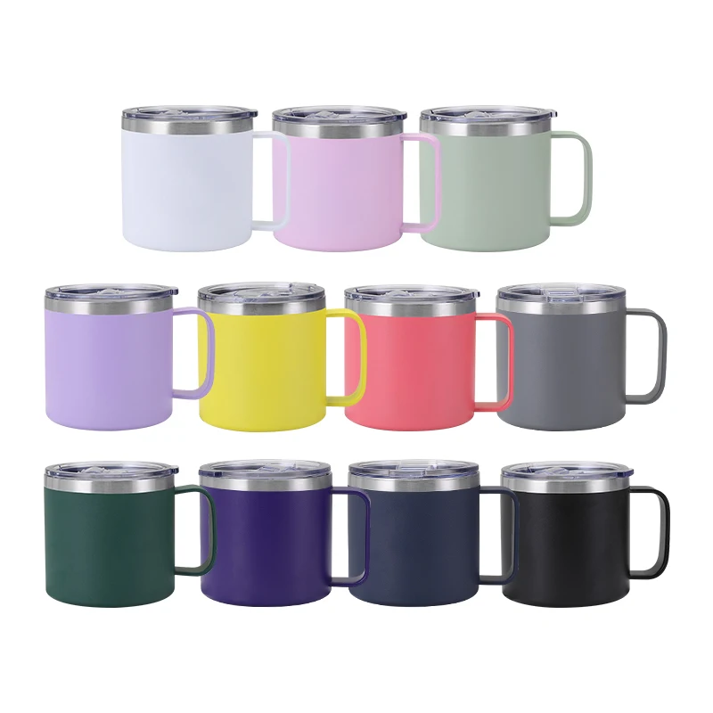 Wholesale 14oz custom insulated powder coated stainless steel camper camping tumbler travel coffee mug with handle lid