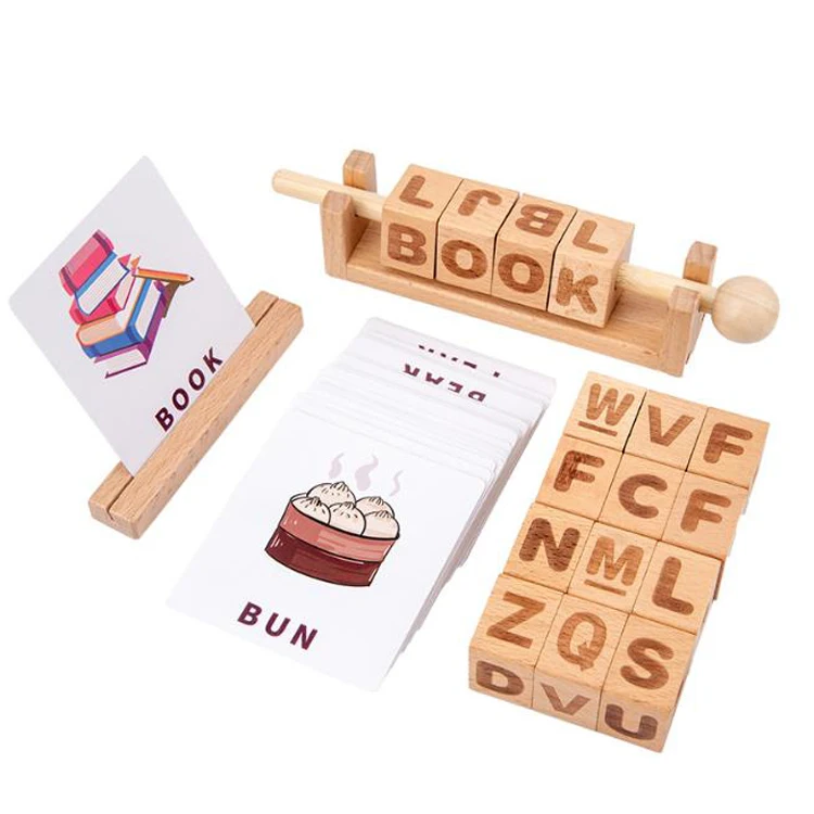Hot Selling Letters Engraved Cubes, Children Early Leaning Number & Words Spelling Wooden Block With Card