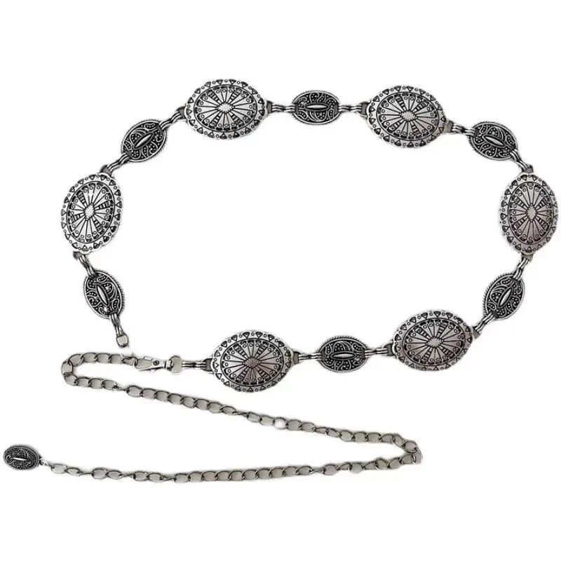 New Metal Waist Chain Bohemian Ethnic Style Chain Belt Metal Link Western Cowgirl Turquoise Chain Belt for Dress Shirts