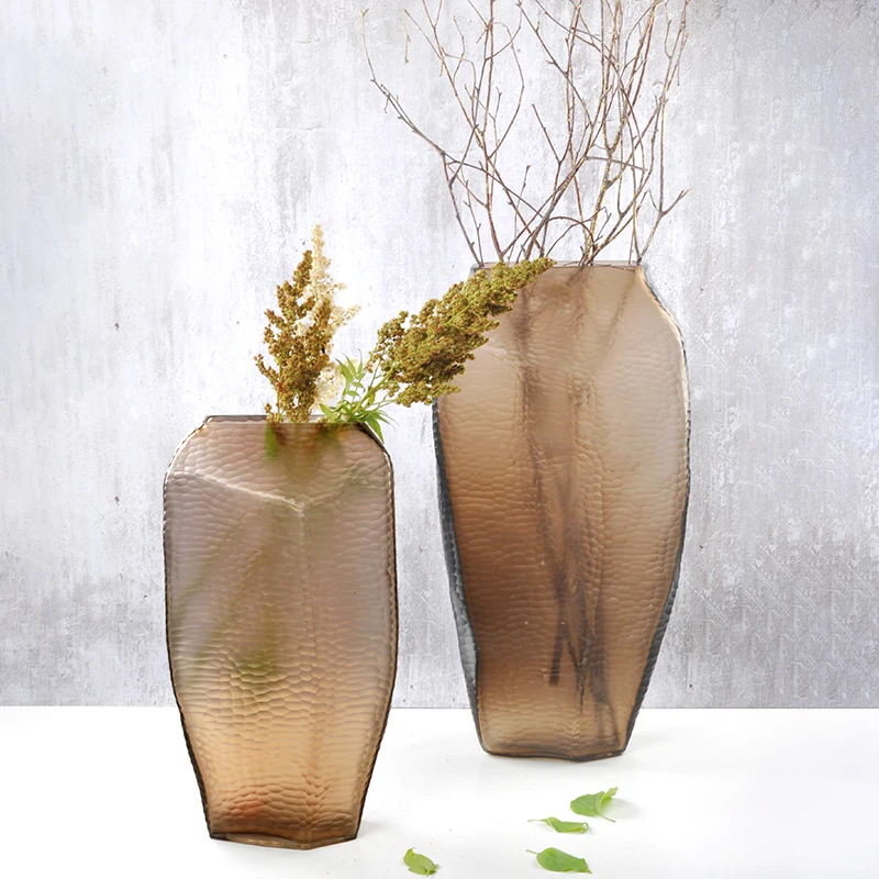 European Style Simple Cut Mouth Frosted Grey Hand Carved Glass Vase Creative Home Decoration Vase