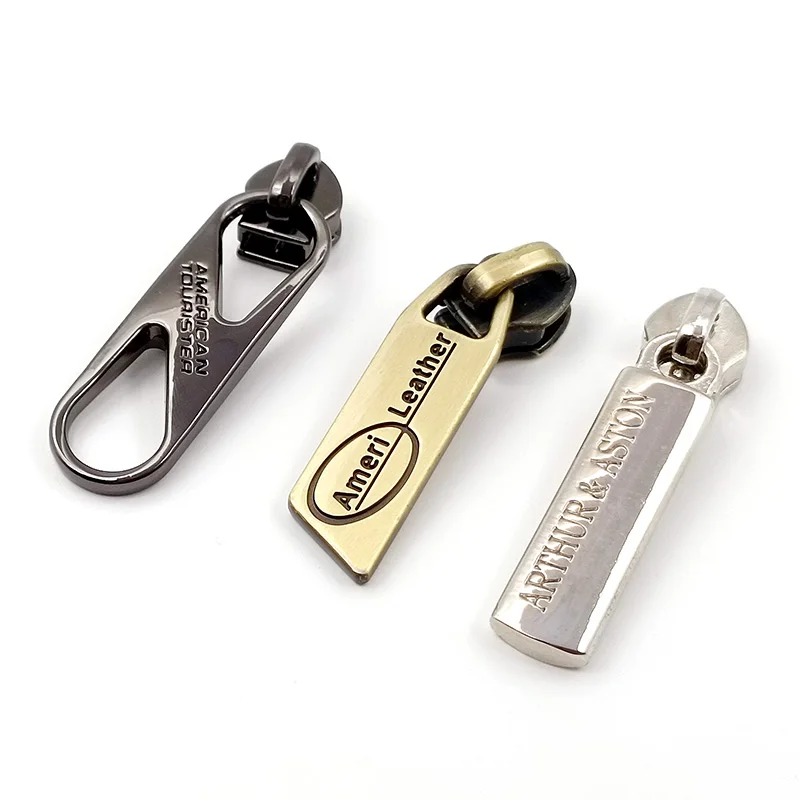 Free Design 3D Embossed Slider Jeans Pullers Handbag Custom Fashion Metal Zipper Tag Pull For Clothes