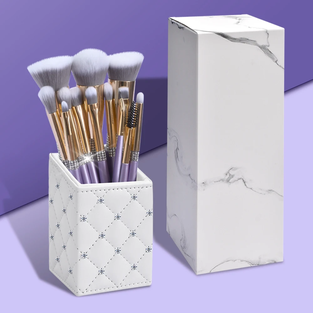 DailyQueen Purple Glitter Handle 10pcs crystal diamond foundation brush set  Make Up Brushes Private label brush set PU bag