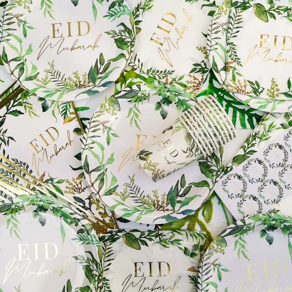Green Leaf Eid Decoration Gold Foiled Eid Plates Cups Napkins Disposable Eid Mubarak Paper Tableware For Muslim Party Supplies