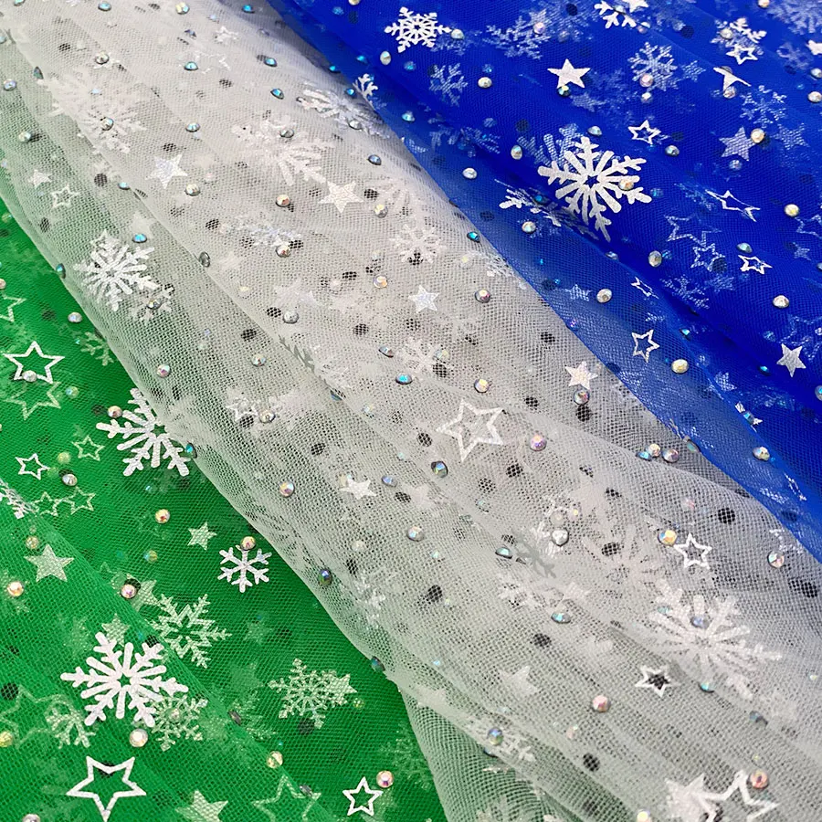 New Arrival kids elsa princess dress decorate cloth fancy glitter tulle snow printing mesh foil fabric with rhinestone