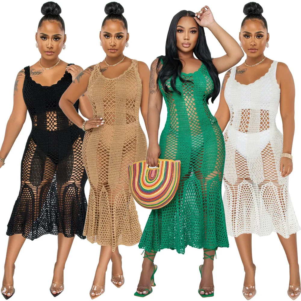 Wholesale Knitted Crochet Hollow Out Sexy Solid Color Beach Blouse Pullover Bikini Sunscreen Cover Up Dress