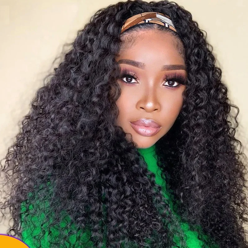 Оптовая продажа, головная повязка, бразильский парик с полуоборками, плотность 150, натуральные черные вьющиеся головные уборы, парик для черных женщин