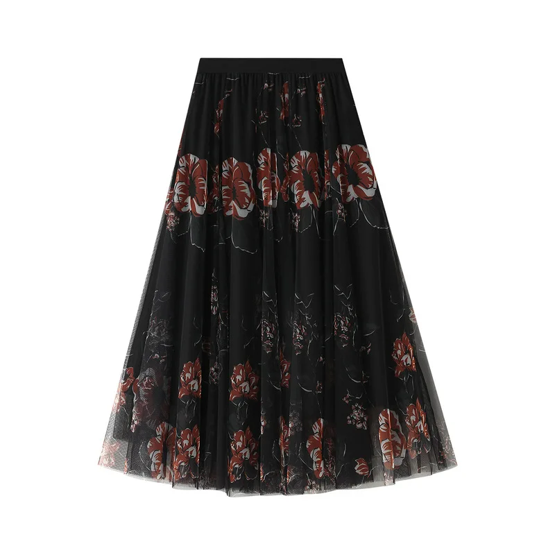 Korean Style Floral Print Spring Long Skirts for Women VD1711 High Waist Black Party Mesh Tulle Skirt jupe