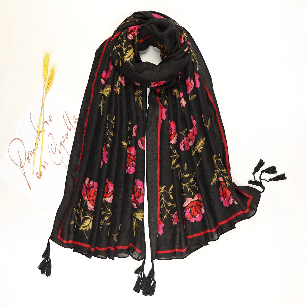 Лидер продаж 2021, весенне-летний женский тканый шарф с цветочным принтом, черные пляжные шали