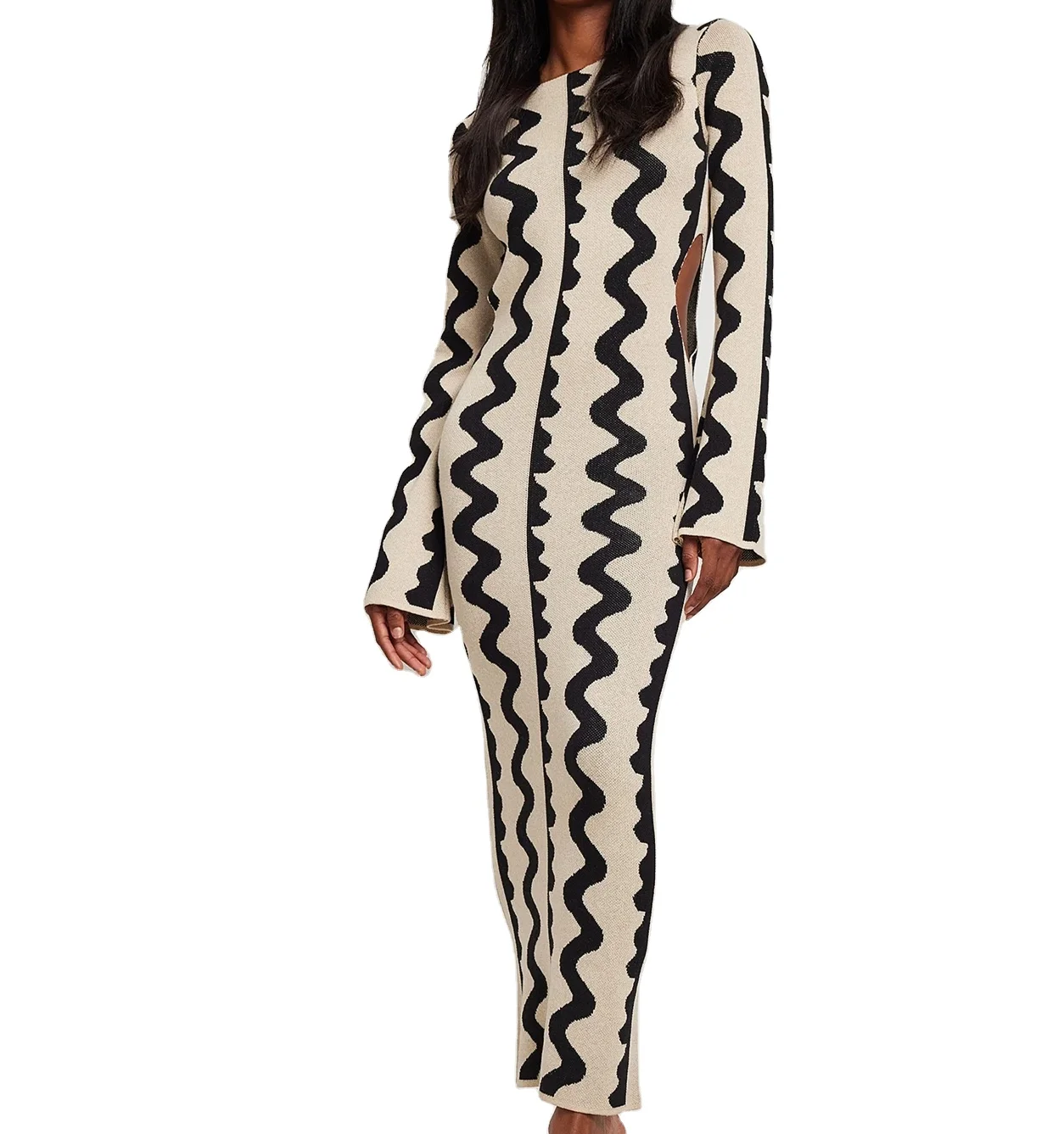 2022 New Fashion Sweater Sexy  Knit  Dress Multi Color Flared Long Sleeves Women Maxi Dress