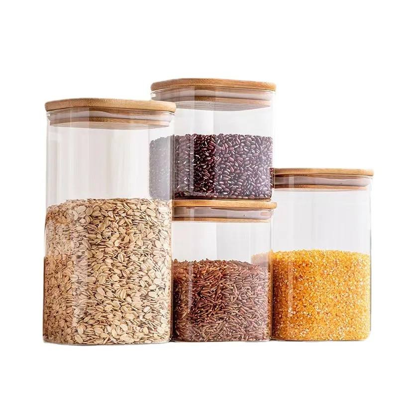 Square Glass Jars With Bamboo Lids Reusable Food Storage Containers For Kitchen Use