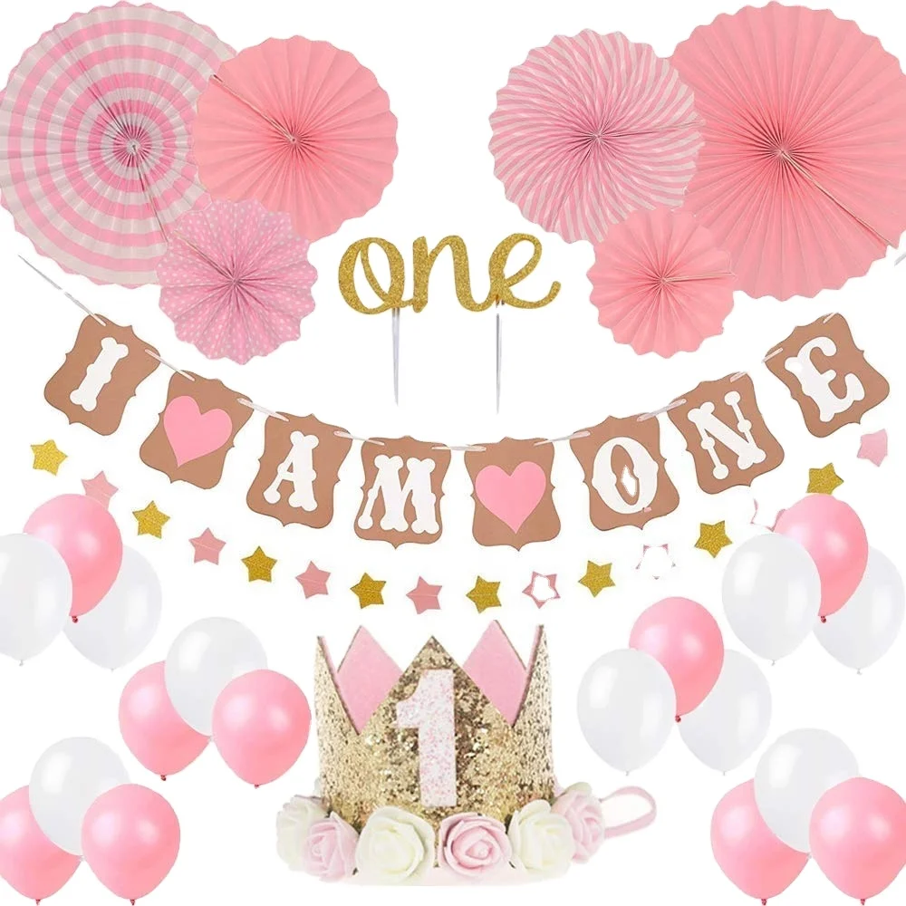 
First Baby Girl 1st Party Hat Set with Crown Cake Topper I Am One Stars Banner Pink Paper Fan Balloons Happy Birthday Decoration 