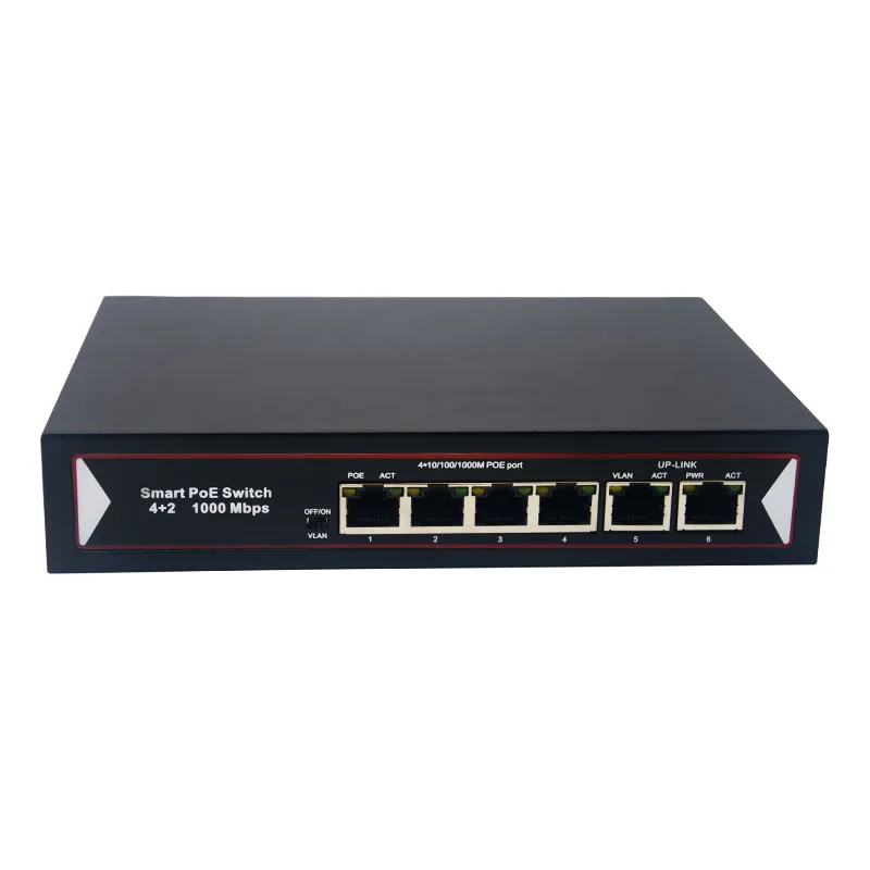4 Ports 10/100/1000Mbps PoE+ 2 Fast Ethernet Uplink, 803.af/at compliant, Unmanaged Plug and Play PoE switch