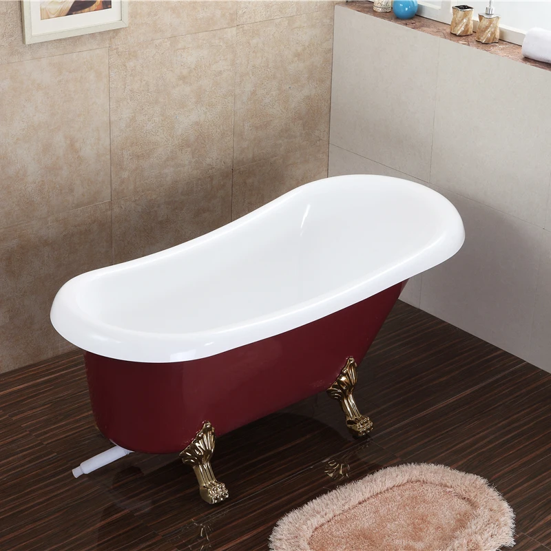 Luxury Acrylic One Person Adults Portable Bath Tub Indoor Bathroom Modern Red Freestanding Bathtub With Gold Foot for Home Hotel