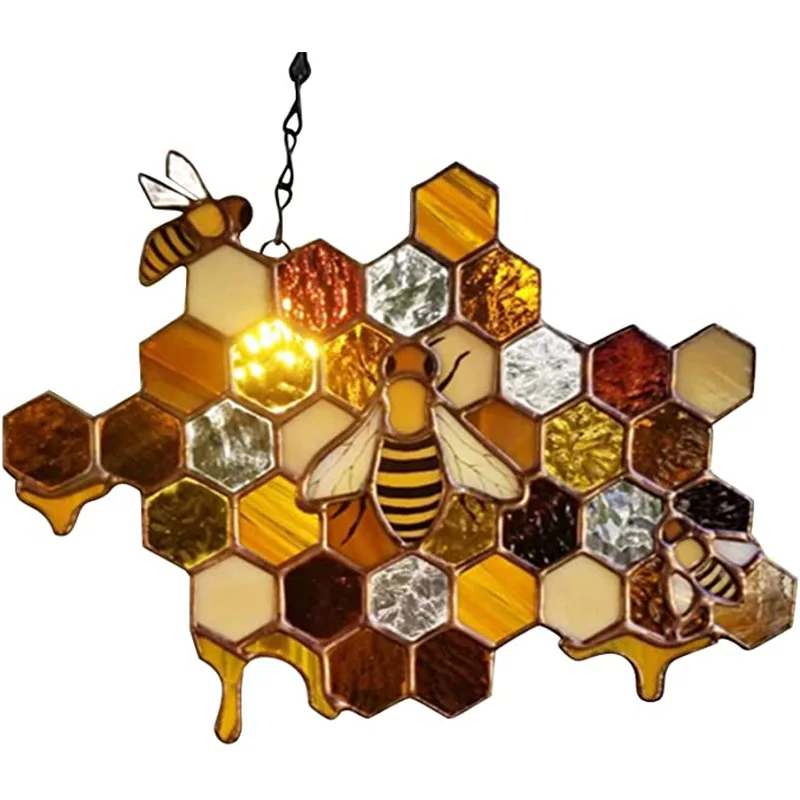 Queen&Bee Protect Honey Suncatcher Bee Suncatcher Bumble Bee Honeycomb Sun Catcher for Windows Wall Hanging Ornament