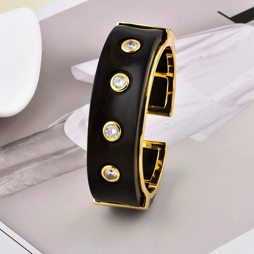 ChinChin Bangles Jewelry Women 18k Gold Plated Copper Brass Black Ebony Wood With CZ Zircon Adjustable Cuff Bangle Jewelry