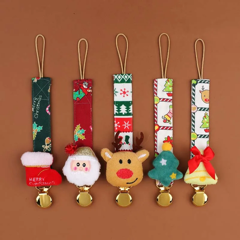 Cotton Fabric beech wood clip with Christmas stocking baby Pacifier clips chain Newborn pacifier clips holder