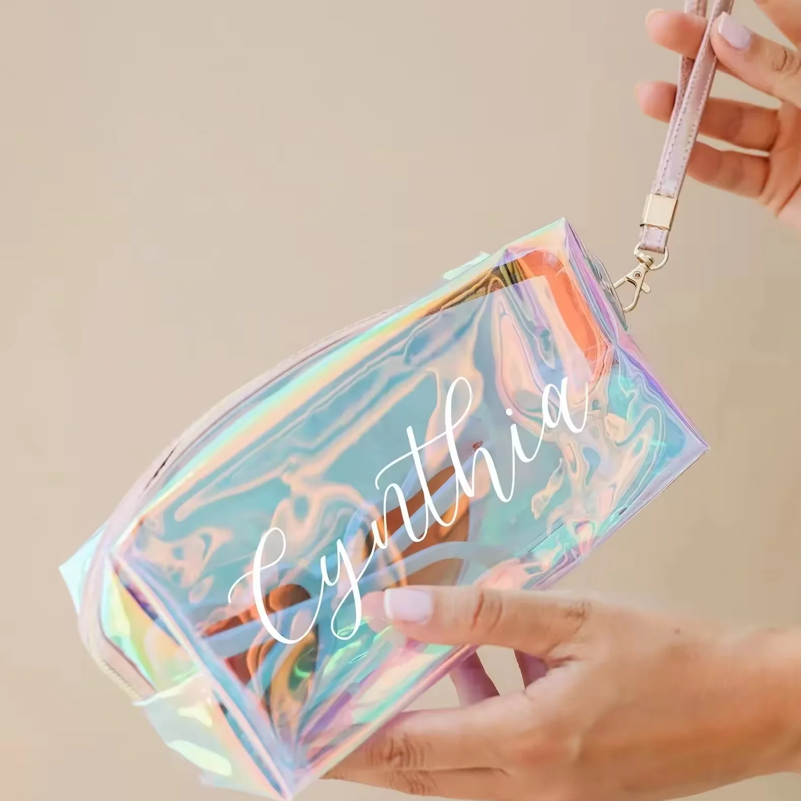 Custom logo travel laser PVC TPU iridescent cosmetic pouch zipper makeup Bag with Wrist Strap