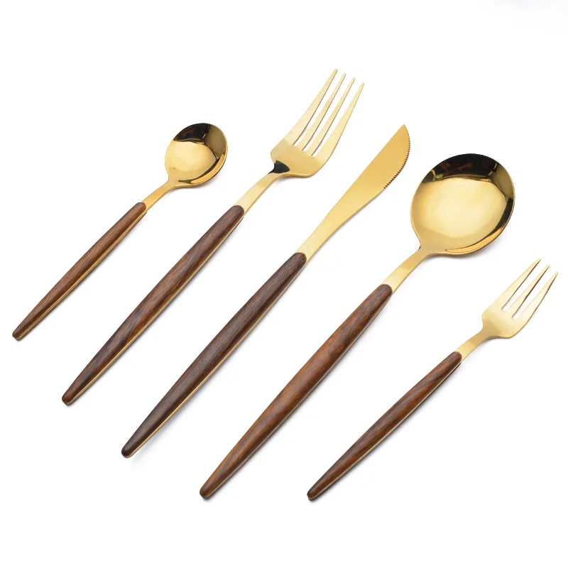 Stainless Steel Round Spoon  Wooden Handle Fork Spoon Fruit Fork Stirring Spoon Tableware