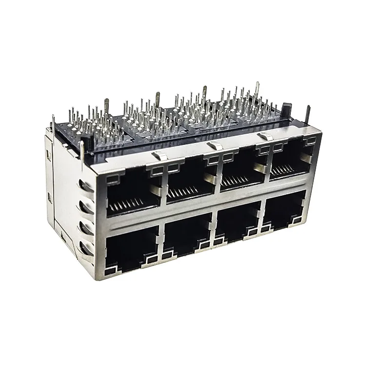 DGKYD24Q012DB1A1D057 Long Dual Layer 2x4 Port Shielded RJ45 Gigabit Filtered Connector with Yellow and Green LEDs