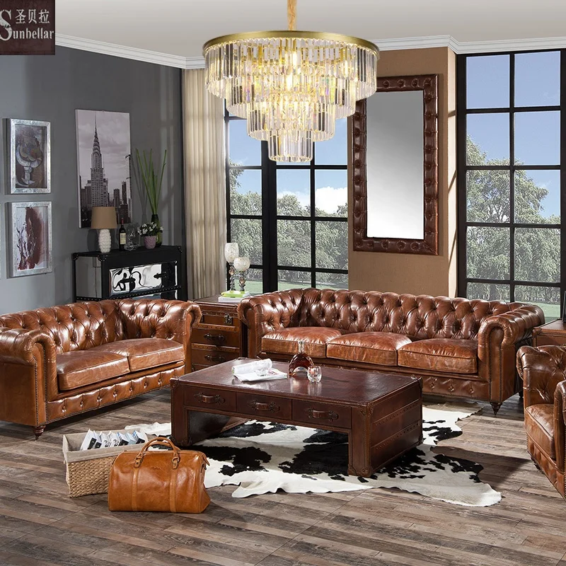 antique high quality genuine leather sofa luxury living room rustic tan leather chesterfield sofa set with tufted buttons