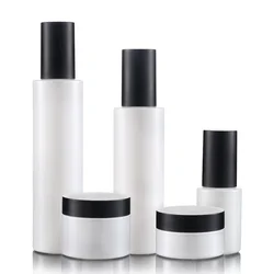 High quality Pearl white cosmetics pump glass bottle 30ml100ml120ml and 30g 50g cream jar set with matte black cap