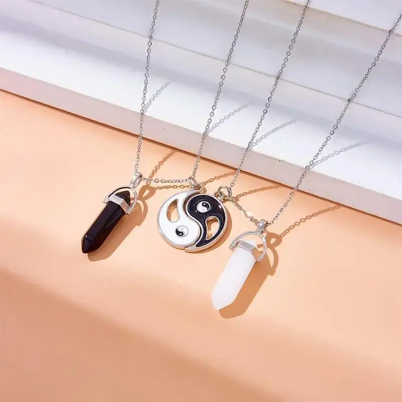 New Yin Yang Tai Chi Natural Stone Crystal Hexagonal Column Pendant Necklace Fashionable Magnetic Pendant Necklace for Couples