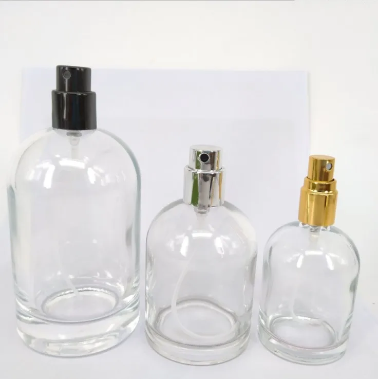 30ml 50ml 100ml clear stock round shape perfume glass bottle with crimp on aluminum fine mist sprayer