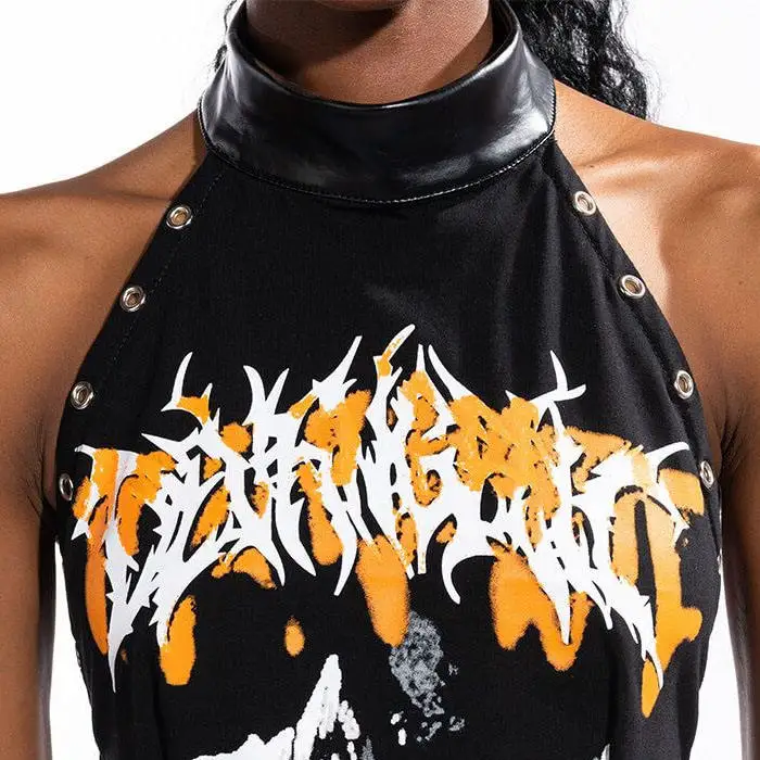 Hot sale sleeveless vegan leather mock neck open back screen printed sexy women tank top with back button