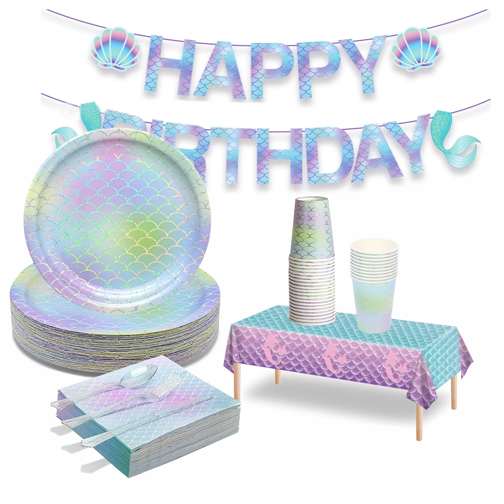 Wholesale 16 Guests Mermaid Paper Plates Cups Napkins Banner Tablecloth Party Supplies Dinnerware Set Disposable Tableware