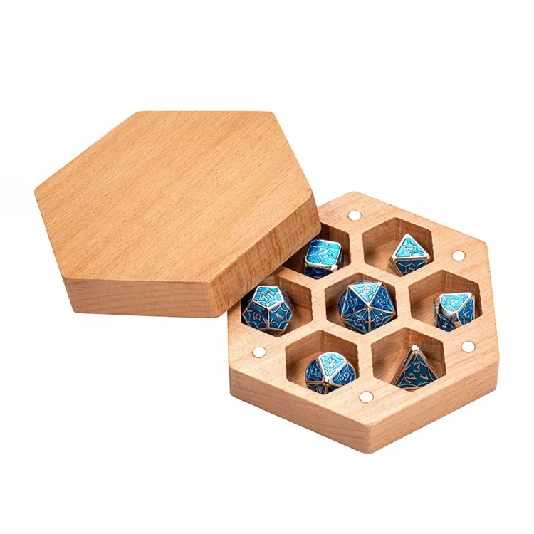 Bulk wholesale custom dungeon and dragon hexagon rpg game wooden dnd dice wooden dice case box with magnetic lid