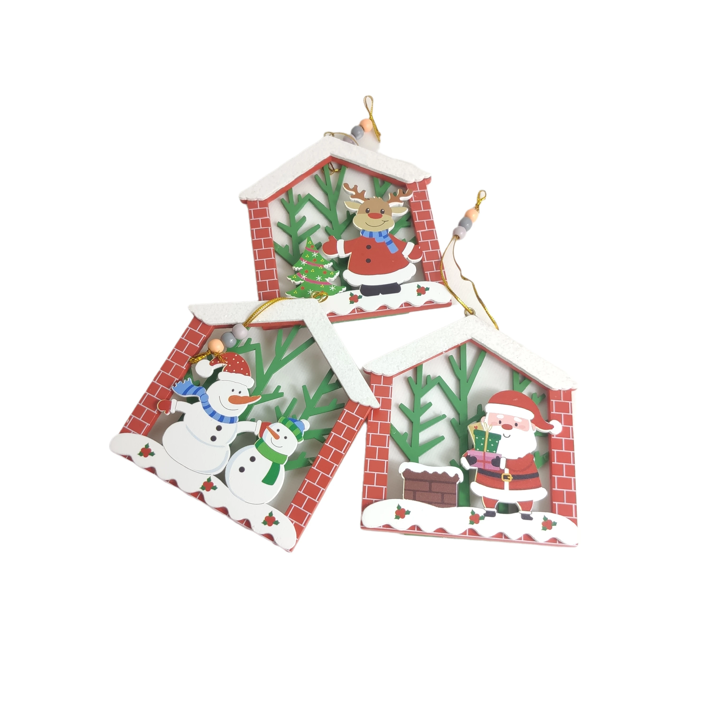 12pcs Colorful Christmas Wooden Hanging Ornaments with Cord Festival Crafts Gift Xmas Tags Pendant Decor