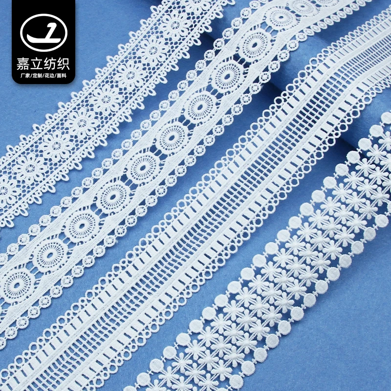 Wholesale white dress materials African polyester embroidery water - soluble Hollow out lace trim for party clothing border trim