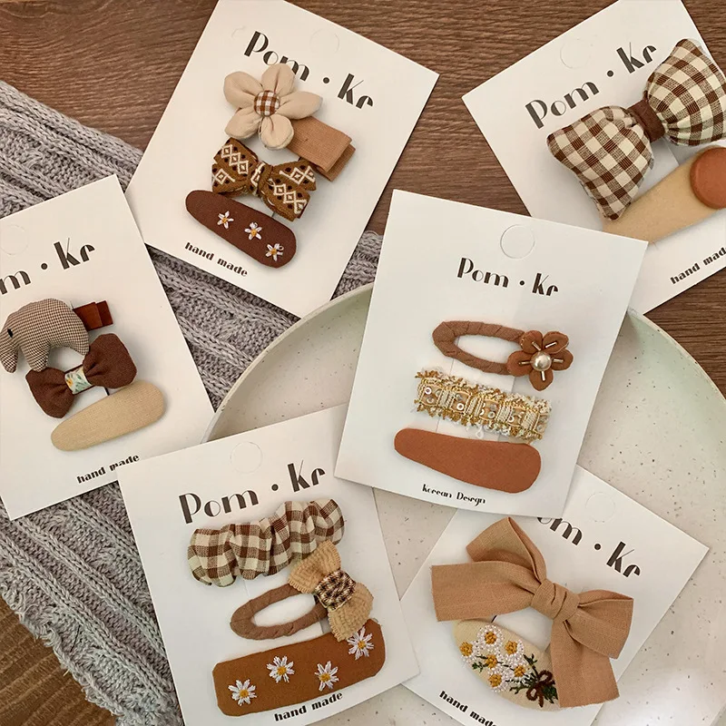 Version Color choices hair clip Brown Bow Flower Check Fabric Hair Ties Sweet Simple Baby Hair Accessories Bangs Clip set