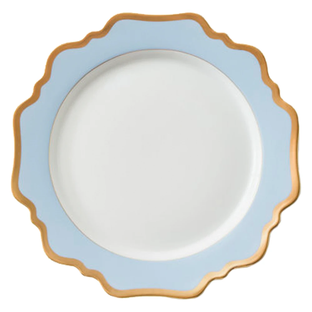 INT Tableware wholesale stock blue flower dinnerware sets luxury restaurant scallop dinner plate with gold rim