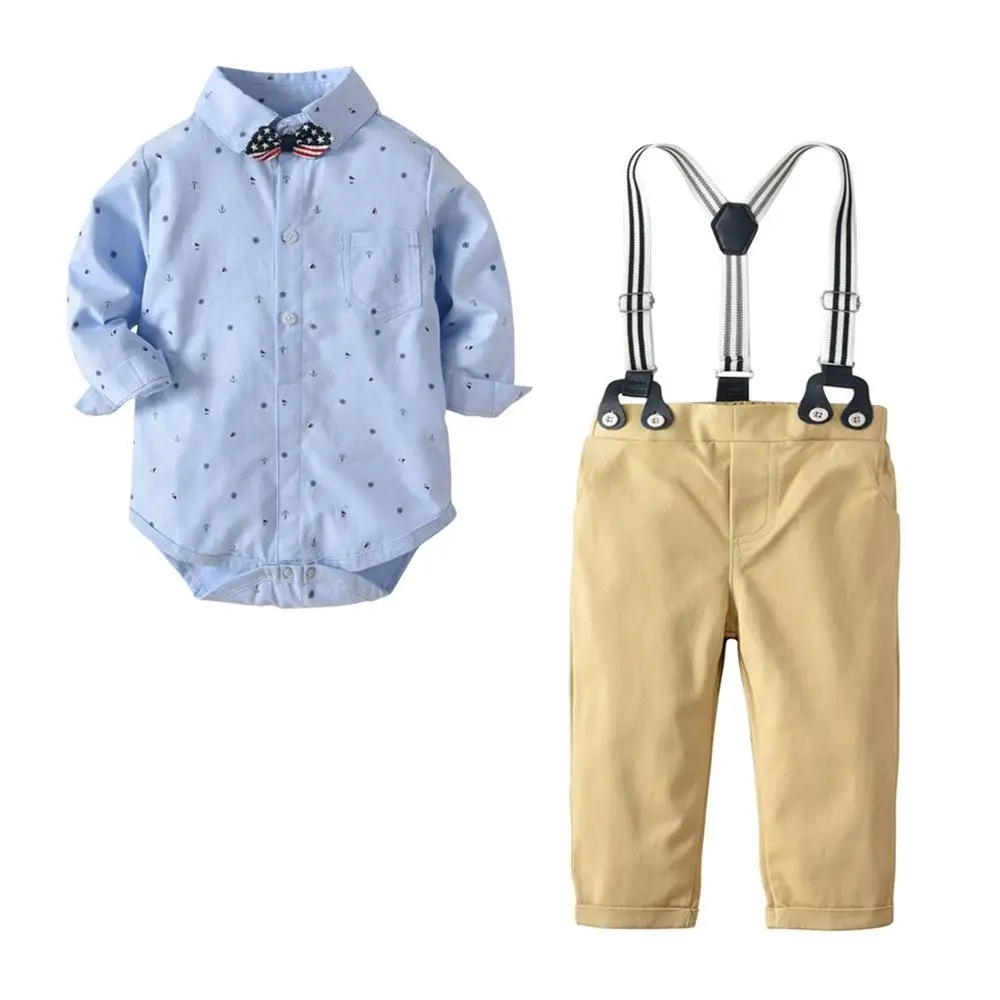 Baby Boys Clothes Sets kids birthday wedding gentleman suit Long Sleeve Bow rompers + Suspenders Pants Newborn Boy 2PCS Outfits
