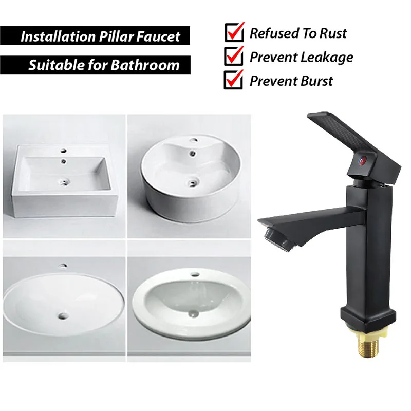Bathroom Square Matte Black Tap Faucet Matte Black PILLAR SINK BASIN WATER TAP Zinc Alloy Faucet