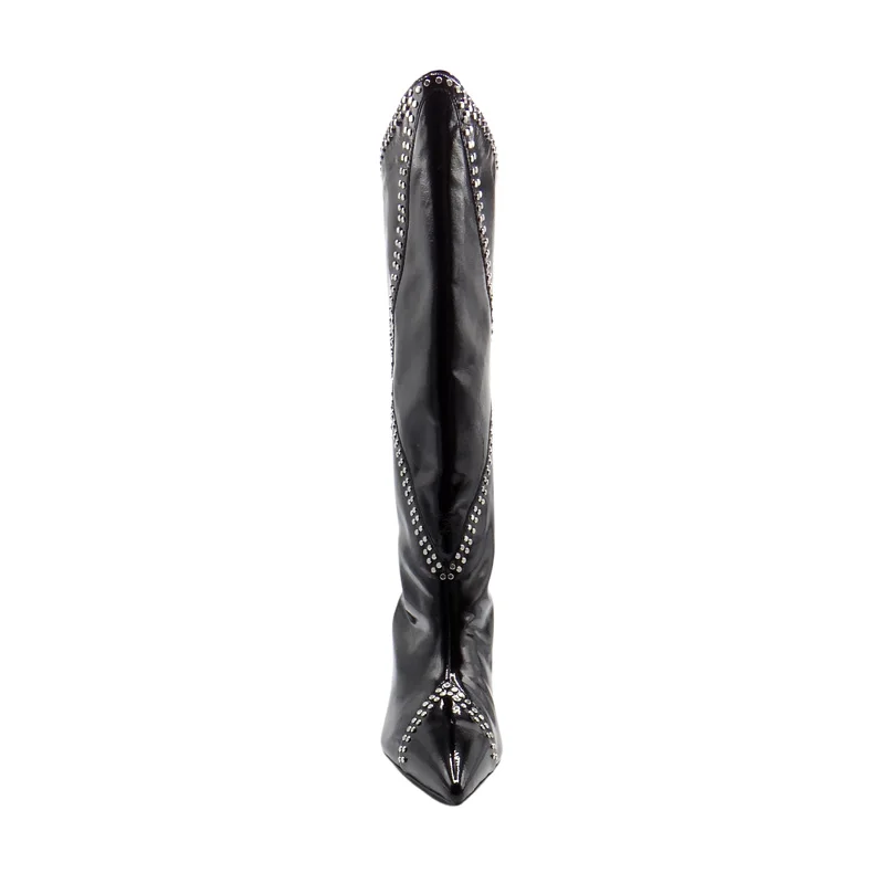 Custom Sexy Midi Boots Manufacturer Designer Shiny Black Rivet Kitten Heel Midi Boots Custom Rivet Pointed Toe Party Midi Boots