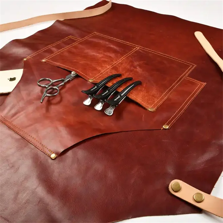 Vintage Cowhide Leather Pockets Waterproof  Barbecue Cooking Chef Kitchen Apron Gardening Tool Aprons